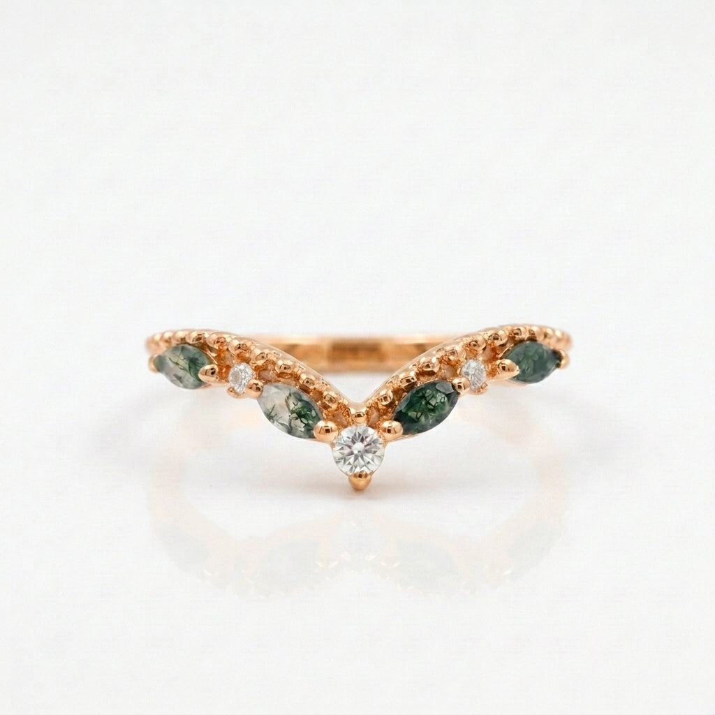 Marquise Moss Agate Wedding Band 925 Sterling Silver Ring Gold Plated