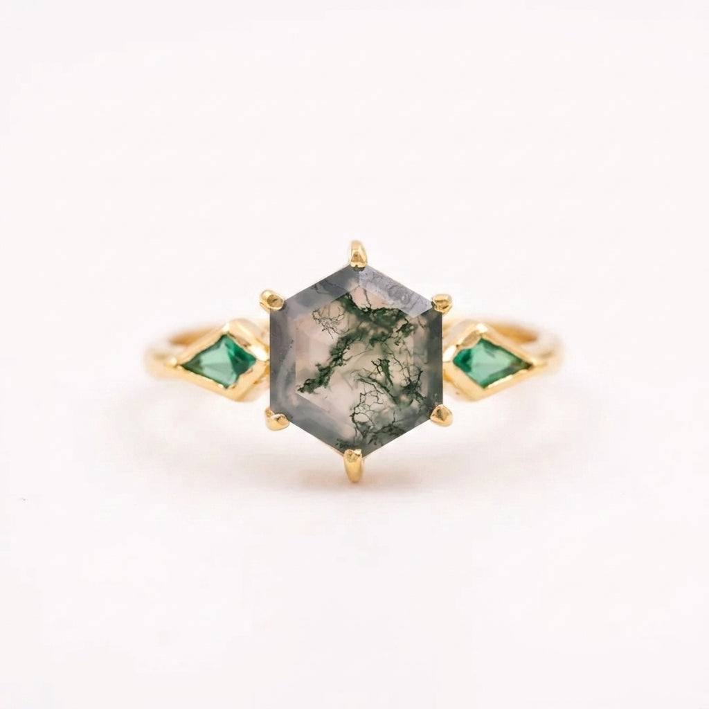 Kite Emerald Moss Agate Hexagon Engagement Ring Gold Plated