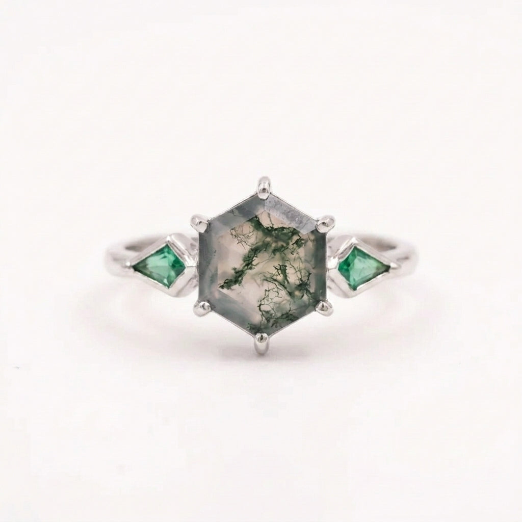 Kite Emerald Moss Agate Hexagon Engagement Ring With Sliver coated