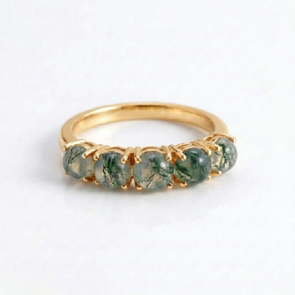 Moss Agate Wedding Band, 5 Stone Moss Agate Ring Gold Plated