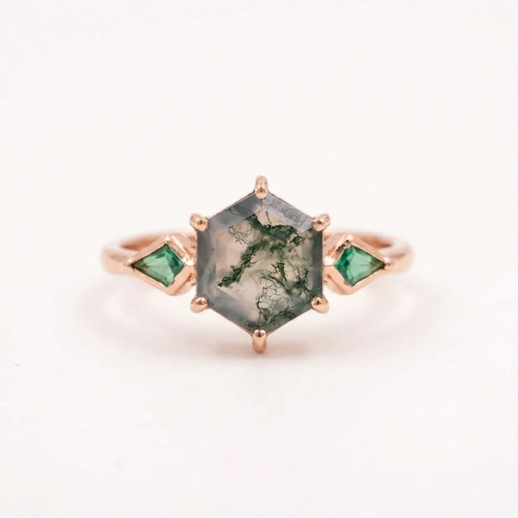 Kite Emerald Moss Agate Hexagon Engagement Ring With Rose Gold Coated