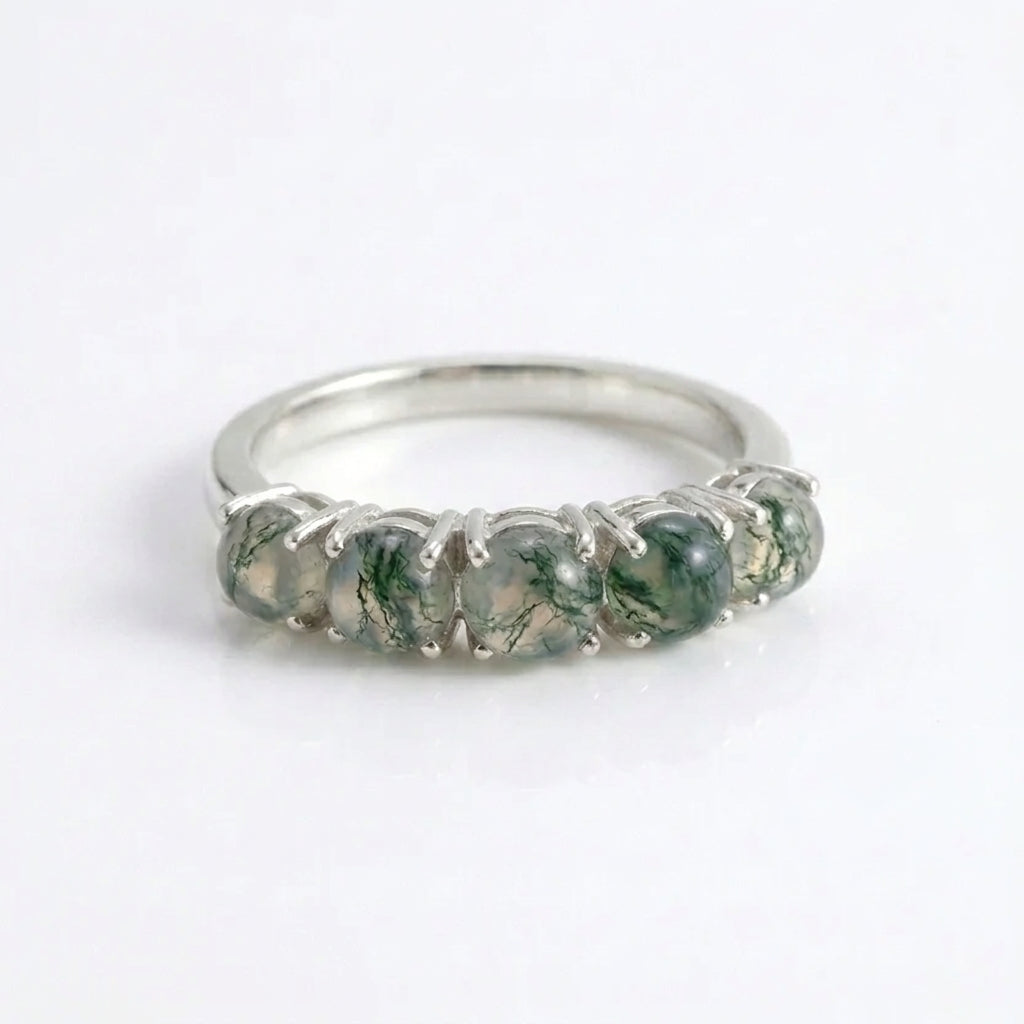 Moss Agate Wedding Band, 5 Stone Moss Agate Ring With Silver Coated