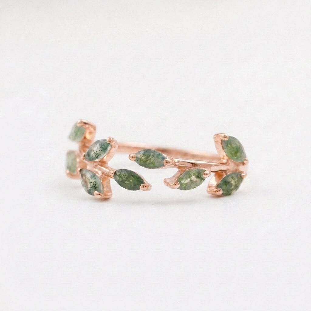 Leaf Moss Agate 925 Sterling Silver Wedding Band For Women Rose Gold Coated