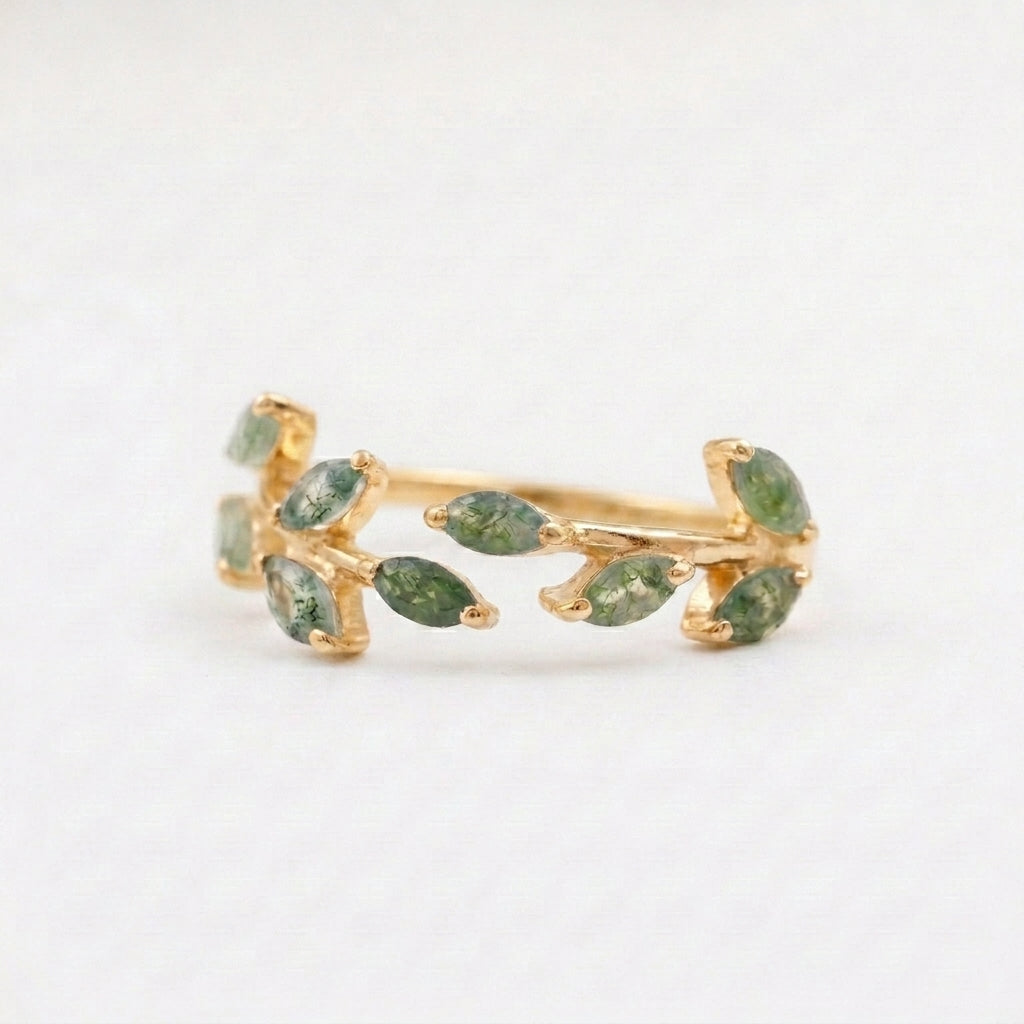 Leaf Moss Agate 925 Sterling Silver Wedding Band For Women Gold Coated