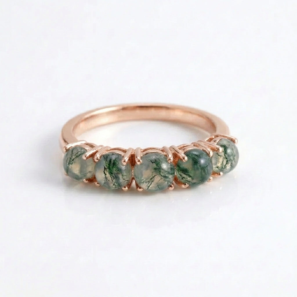 Moss Agate Wedding Band, 5 Stone Moss Agate Ring Rose Gold Plated