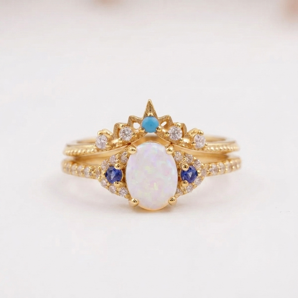 Fire Opal Engagement Ring Set with Curved Band With Gold Plated