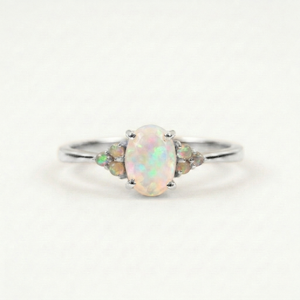 White Opal Oval Cut Engagement Ring October Birthstone SIlver Plated