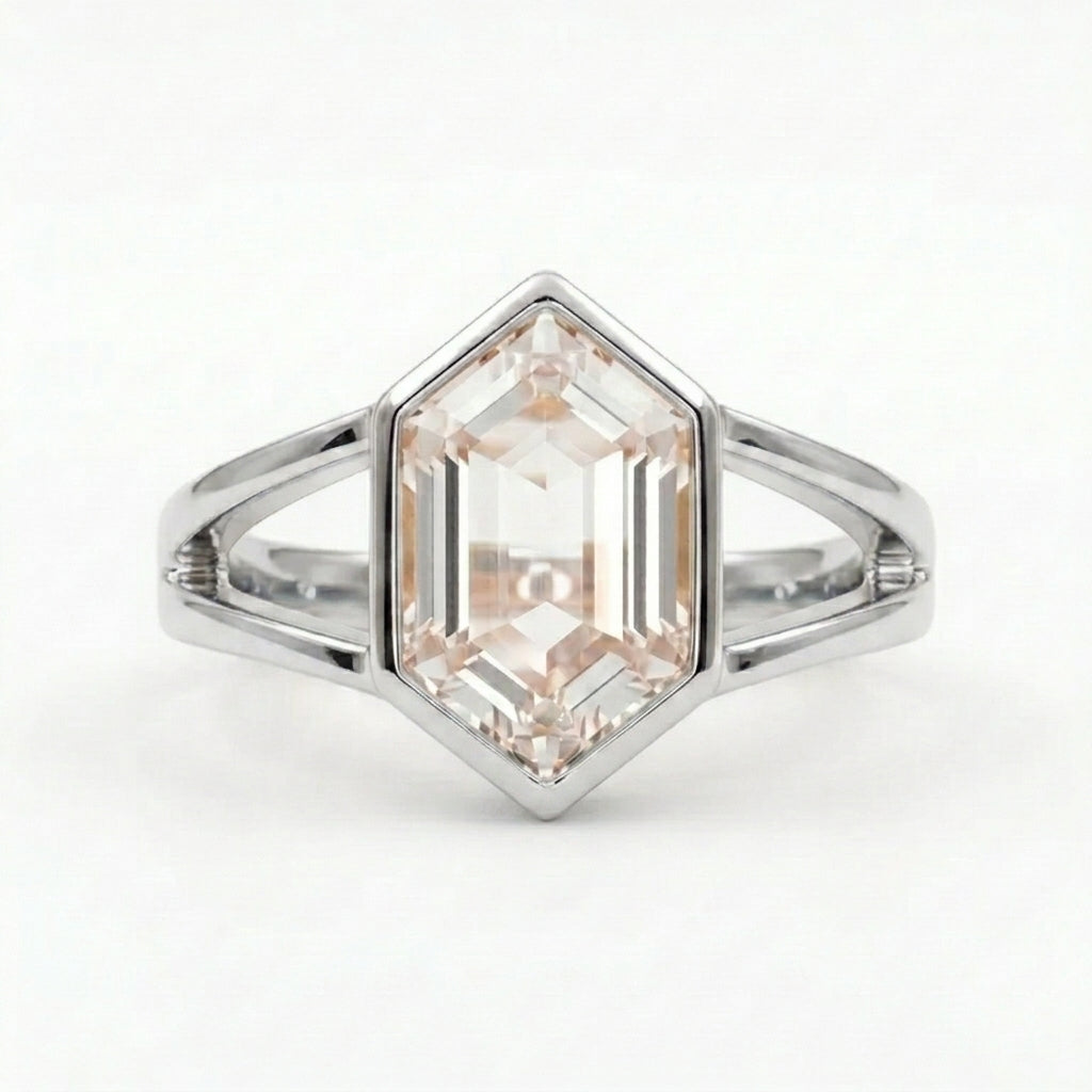 Hexagon Moissanite Bezel Set Engagement Ring Rose Gold