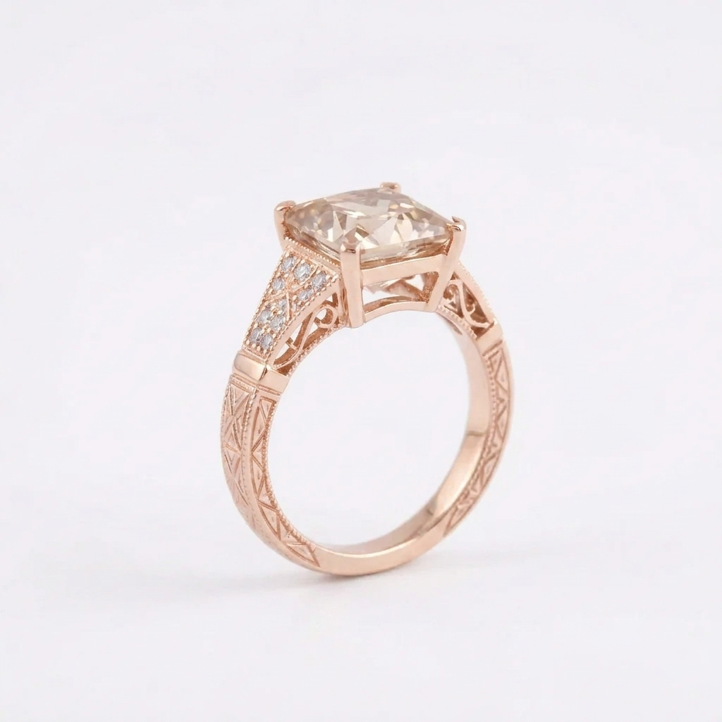 Asscher Cut Peach Moissanite Diamond Ring