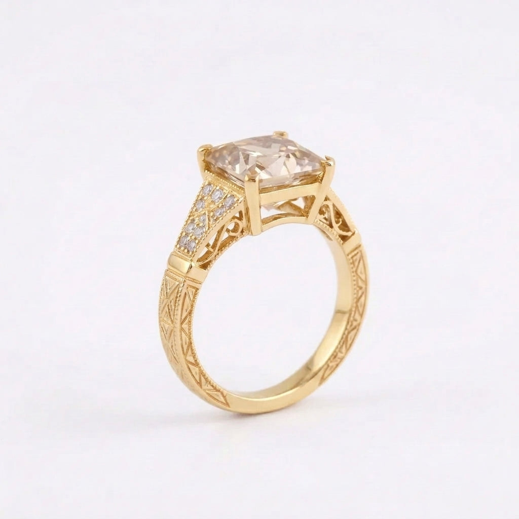 Asscher Cut Peach Moissanite Diamond Ring