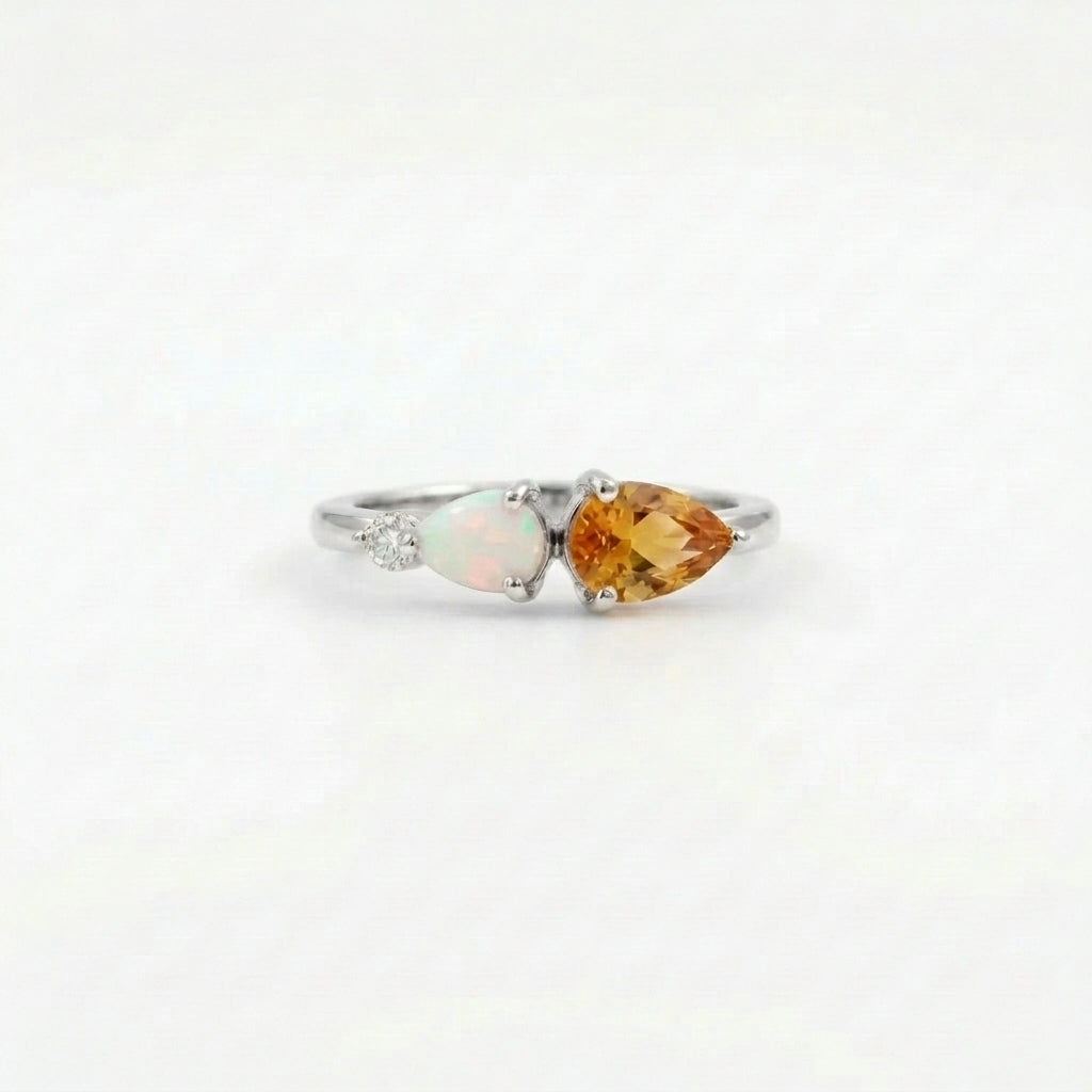 Pear Cut Citrine Art Deco Moissanite 3 Stone Wedding Band