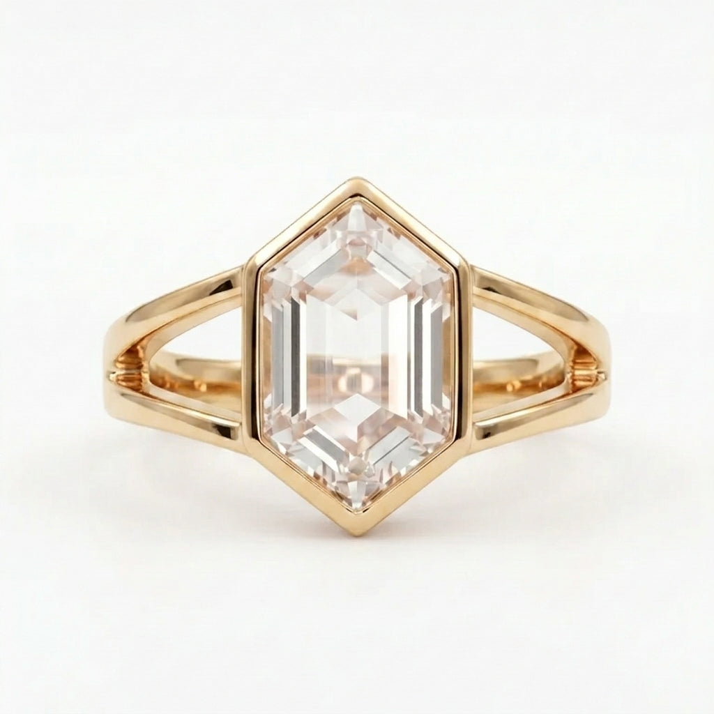 Hexagon Moissanite Bezel Set Engagement Ring Rose Gold