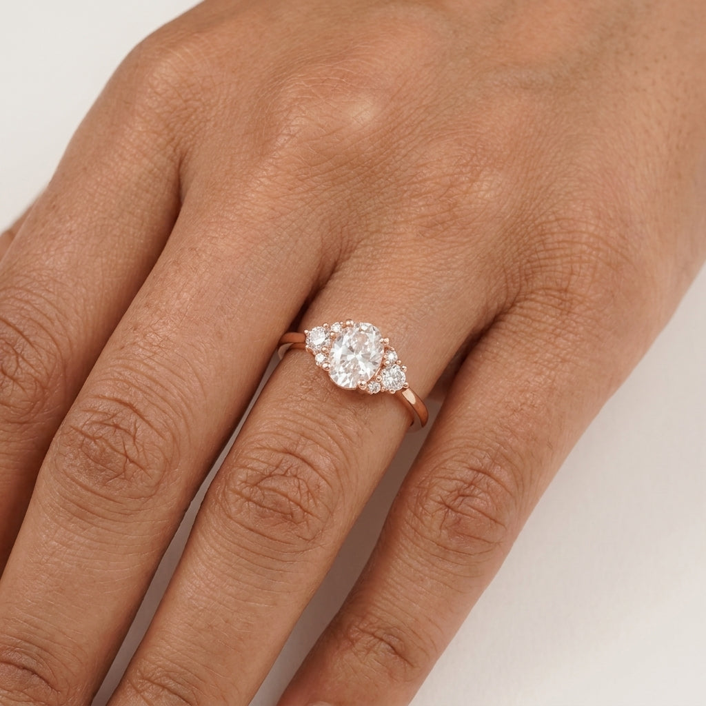 1.5ct Oval Cut Moissanite Cluster Rose Gold Engagement Ring