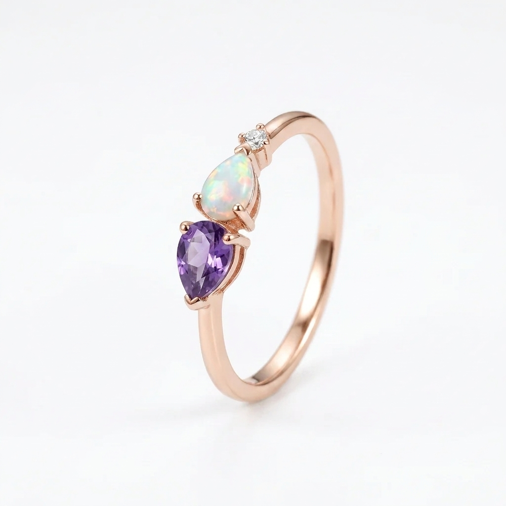 Pear Cut Alexandrite Art Deco Moissanite 3 Stone Wedding Band