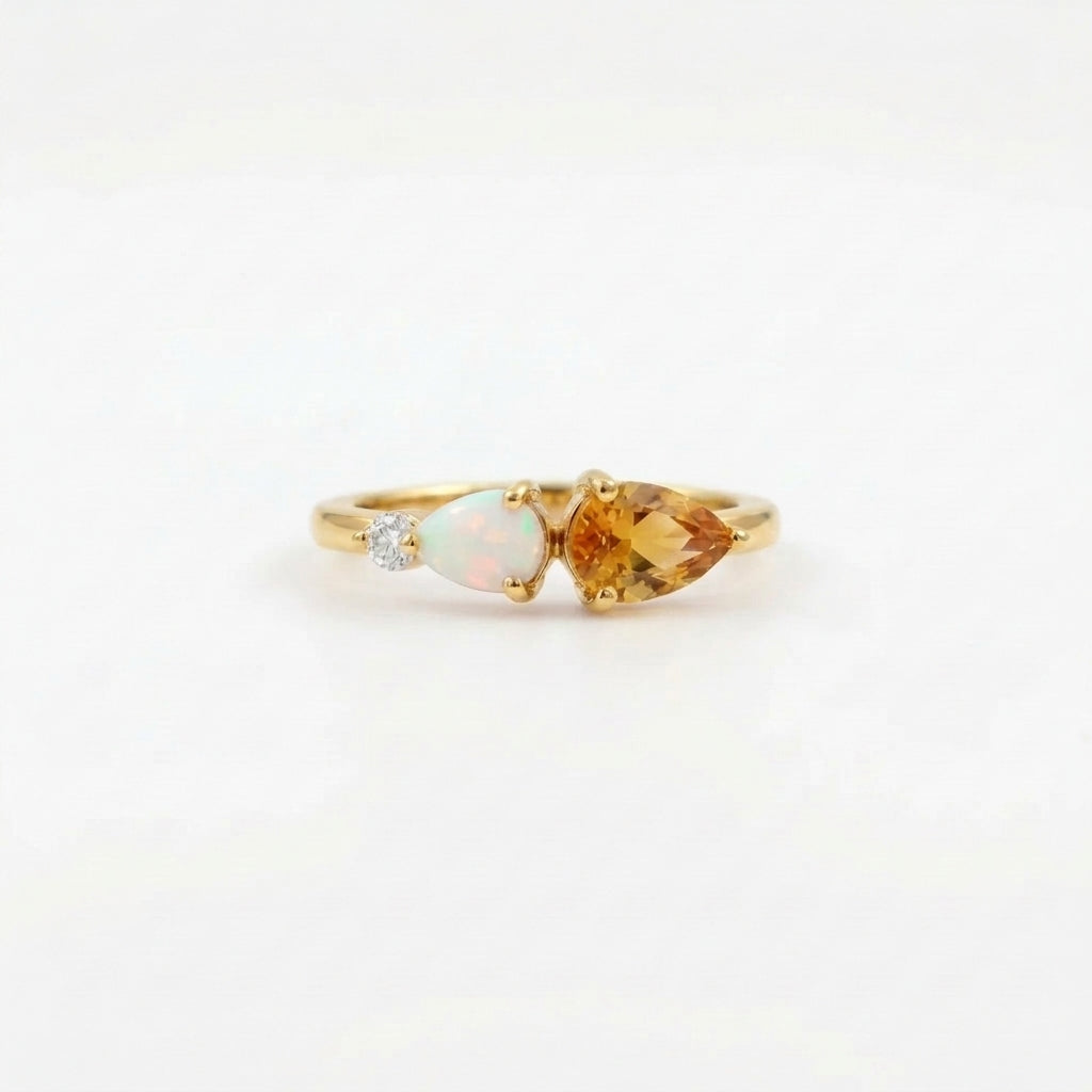 Pear Cut Citrine Art Deco Moissanite 3 Stone Wedding Band