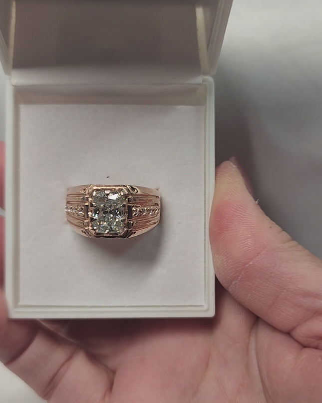 3ct Emerald Cut Moissanite Mens Ring Set in a vintage claw rose gold setting with detailed side stones. For Him. Wedding, Anniversary Ring. (Copy)