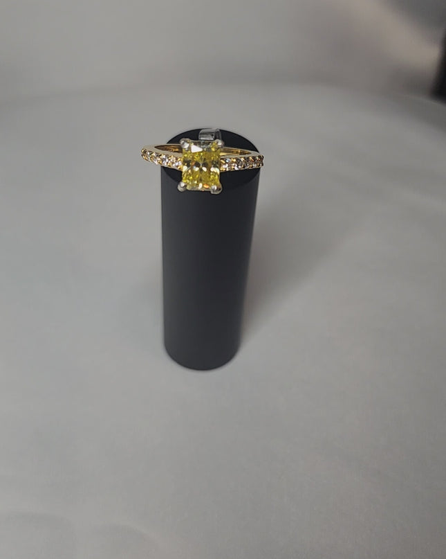 2ct Exquisite Yellow Radiant Cut Moissanite Solitaire Ring. A Timeless Appeal enhanced by moissanite  side stones. GRA Certified, VVS1.