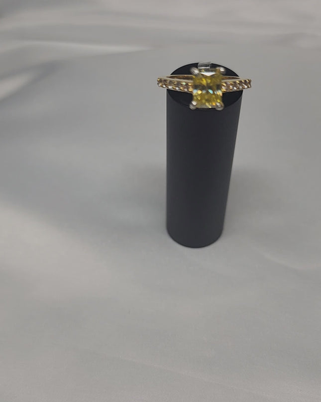 2ct Exquisite Yellow Radiant Cut Moissanite Solitaire Ring. A Timeless Appeal enhanced by moissanite  side stones. GRA Certified, VVS1.