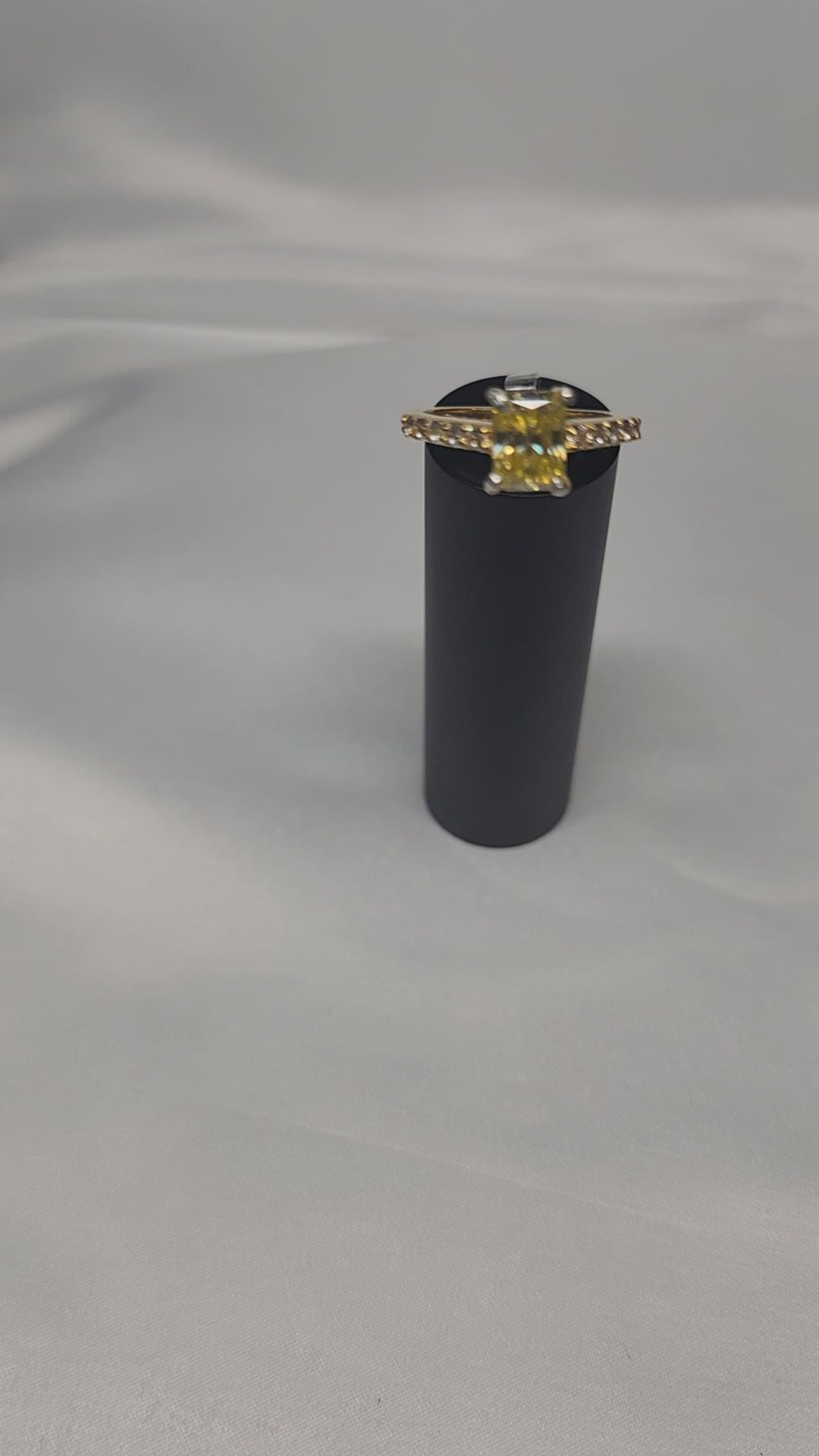 2ct Exquisite Yellow Radiant Cut Moissanite Solitaire Ring. A Timeless Appeal enhanced by moissanite  side stones. GRA Certified, VVS1.