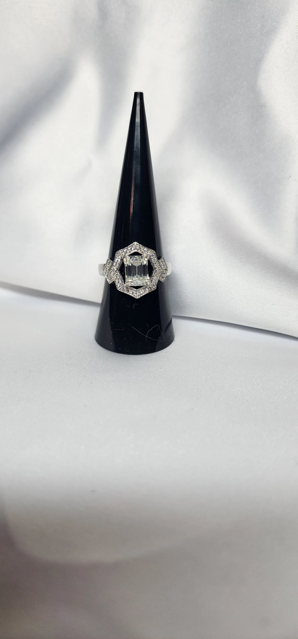 2ct Emerald Cut Moissanite ring enhanced by moissanite halo setting. - Gigiscc