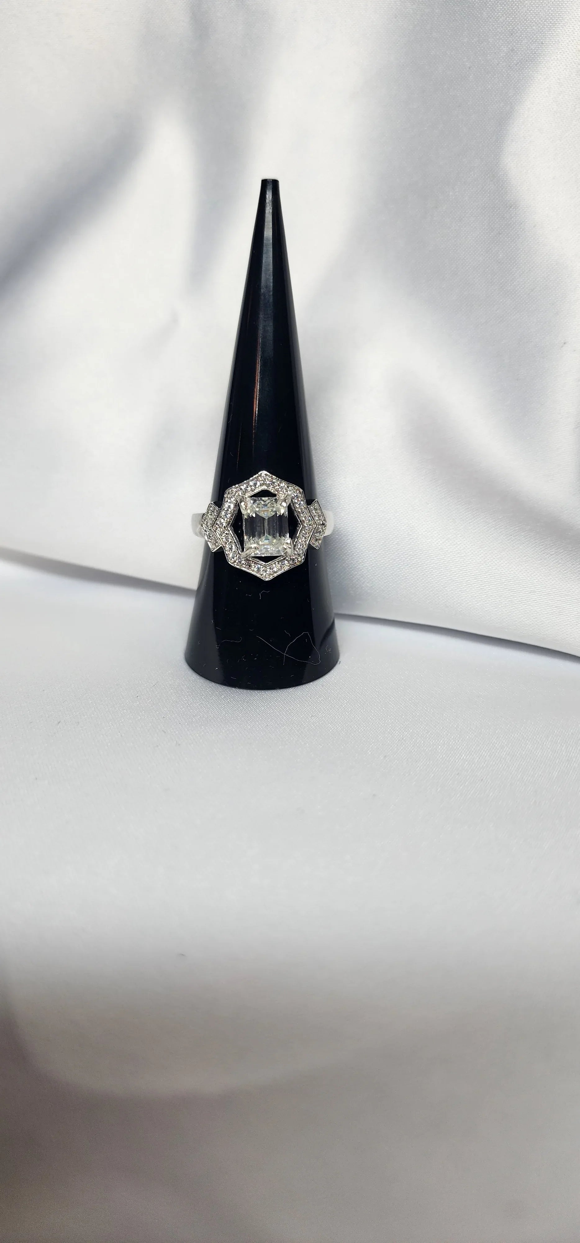2ct Emerald Cut Moissanite ring enhanced by moissanite halo setting. - Gigiscc