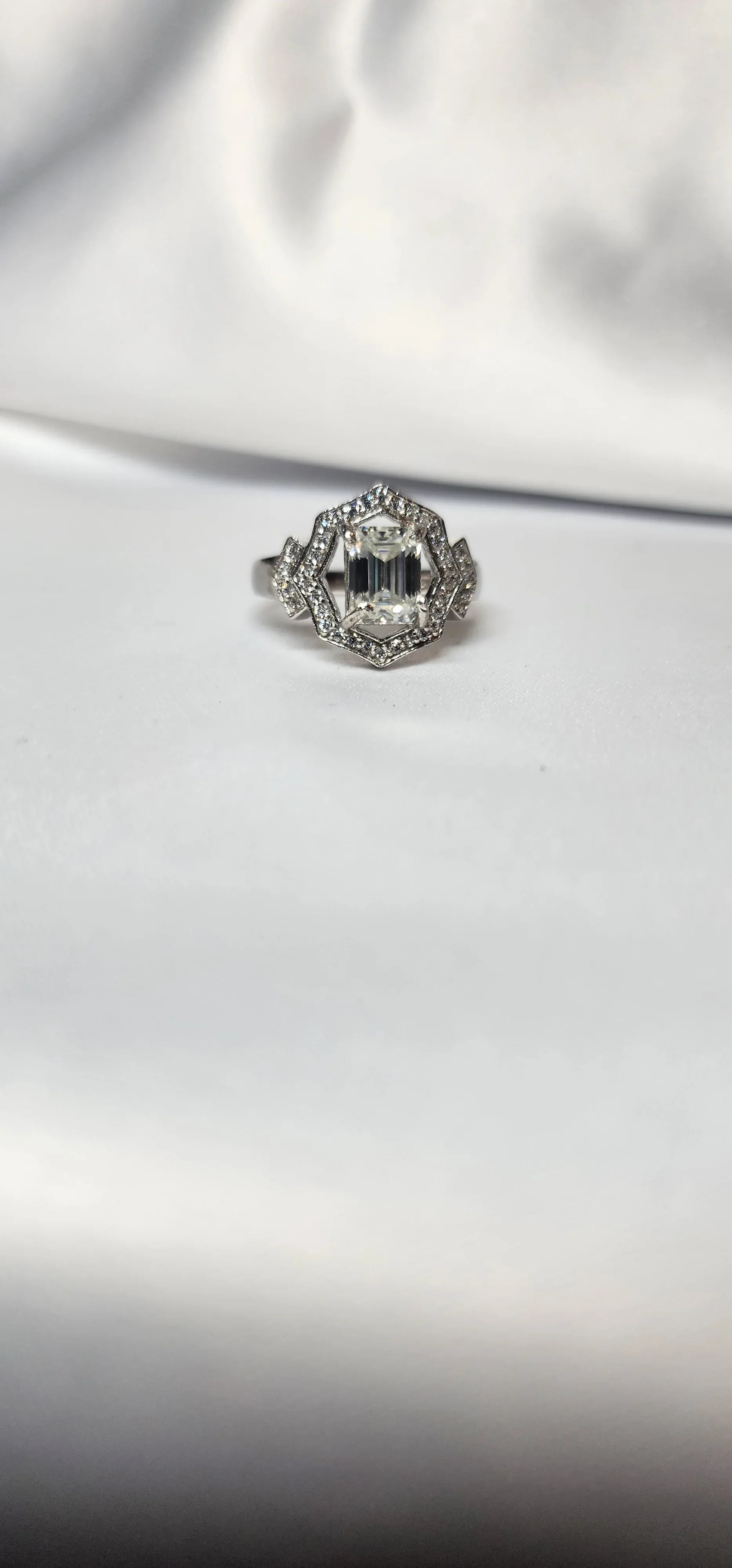 2ct Emerald Cut Moissanite ring enhanced by moissanite halo setting. - Gigiscc