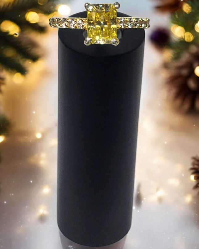 2ct Exquisite Yellow Radiant Cut Moissanite Solitaire Ring. A Timeless Appeal enhanced by moissanite  side stones. GRA Certified, VVS1.