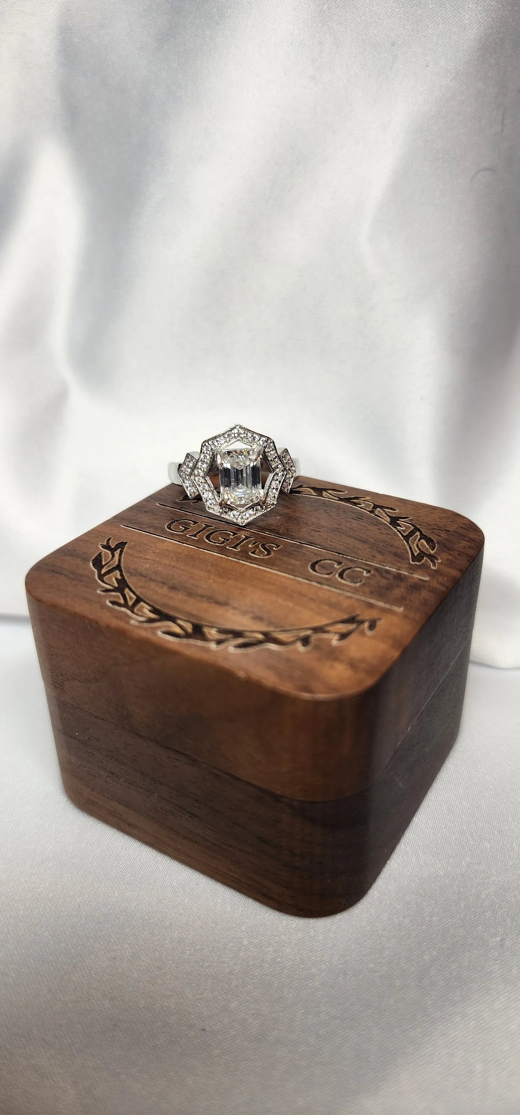 2ct Emerald Cut Moissanite ring enhanced by moissanite halo setting. - Gigiscc