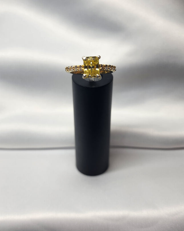 2ct Exquisite Yellow Radiant Cut Moissanite Solitaire Ring. A Timeless Appeal enhanced by moissanite  side stones. GRA Certified, VVS1.