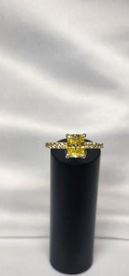 2ct Exquisite Yellow Radiant Cut Moissanite Solitaire Ring. A Timeless Appeal enhanced by moissanite side stones. GRA Certified, VVS1. - Gigiscc