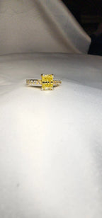 2ct Exquisite Yellow Radiant Cut Moissanite Solitaire Ring. A Timeless Appeal enhanced by moissanite side stones. GRA Certified, VVS1. - Gigiscc