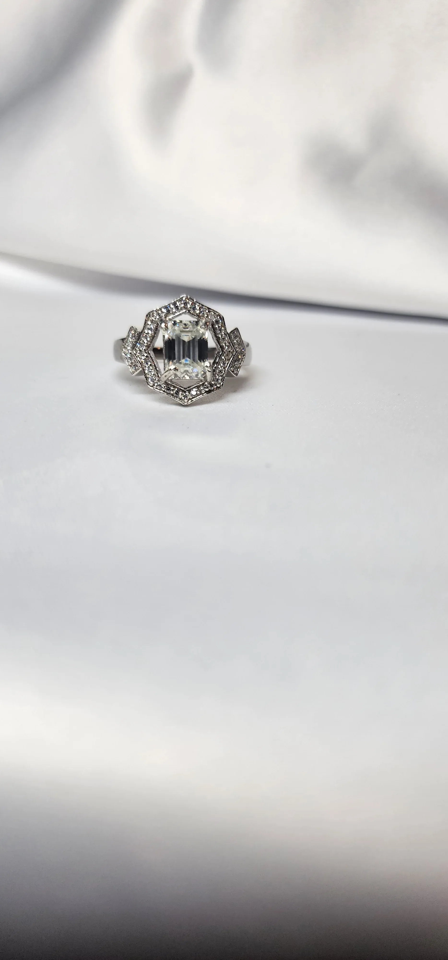 2ct Emerald Cut Moissanite ring enhanced by moissanite halo setting. - Gigiscc