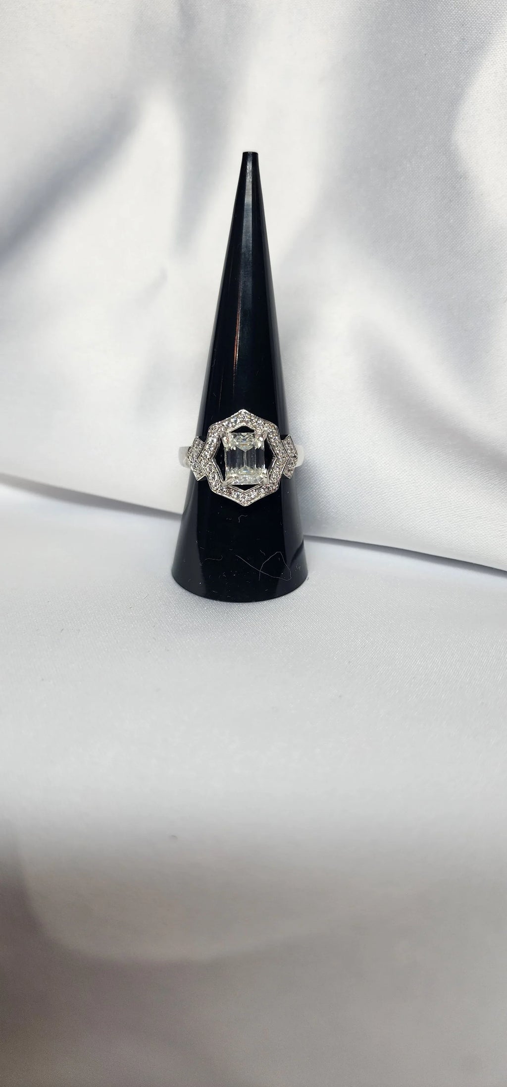 2ct Emerald Cut Moissanite ring enhanced by moissanite halo setting. - Gigiscc