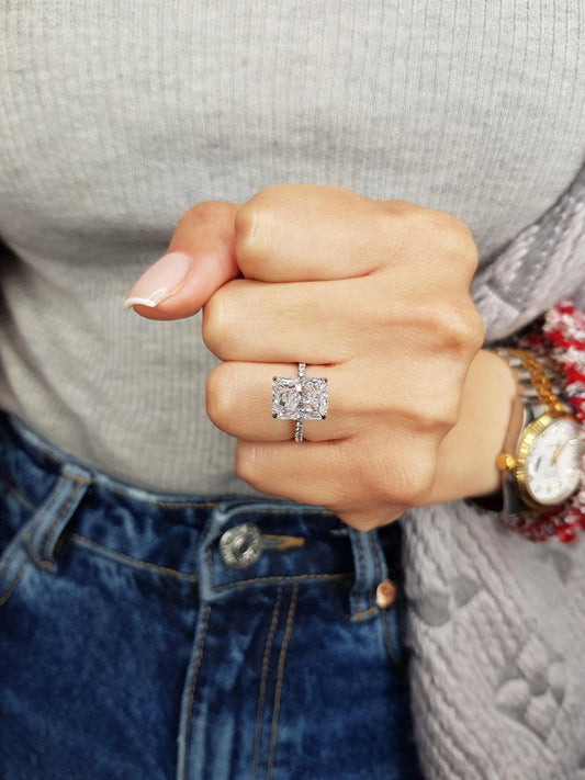 2ct Radiant Cut Moissanite White Gold Solitaire enhanced by half eternity moissanite band.